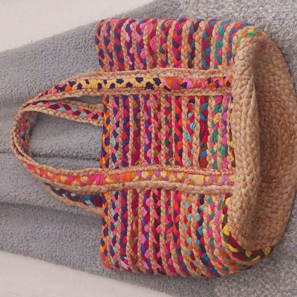 JUTE AND RIBBON WOVEN BASKET SHOULDER TOTE BAG